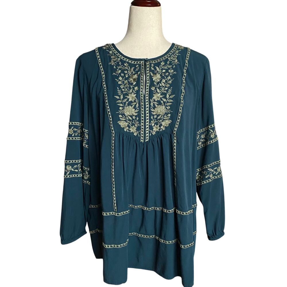 J Jill Loose‎ Fit Boho Peasant Top Embroidered Womens L Petite Green Viscose